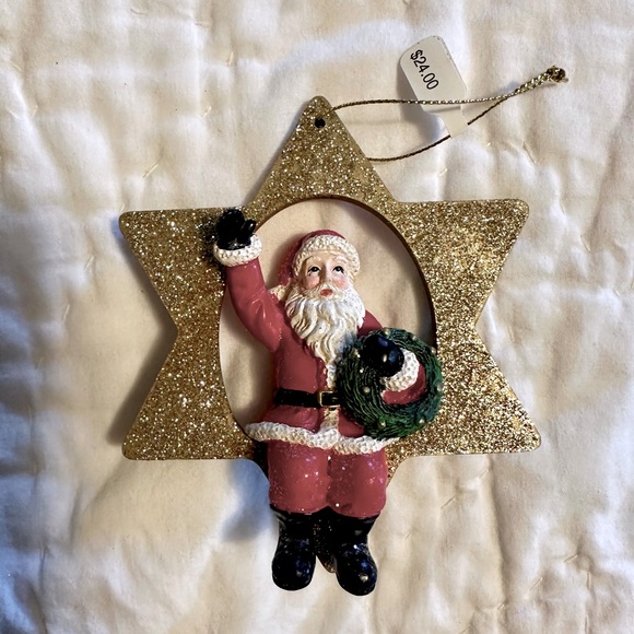 Gold Glitter Star Christmas Ornament with Santa Holding Wreath - Picture 1 of 6